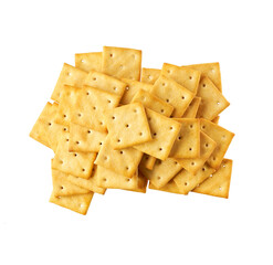 Heap of square salted crackers isolated on white background, top view.