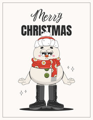 Merry Christmas poster with cute cartoon snowman. Retro groovy style. Flyer, stories, postcard, poster template. 