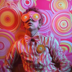 Fashionable man wearing oversized glasses posing on colorful background