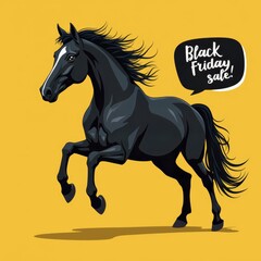 Black animals calling for Black Friday sale. Horse isolated on yellow background. Marketing, promoting deals, boosting sales concept.