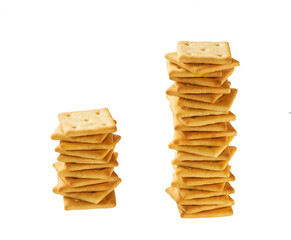 Stack of square crackers isolated on white background. Crackers placed on top of each other on a white background.