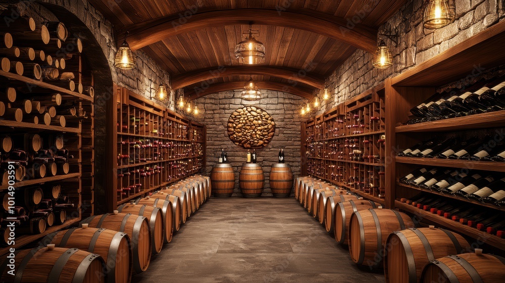 Poster a beautiful wine cellar featuring wooden barrels and shelves filled with wine bottles in a rustic se
