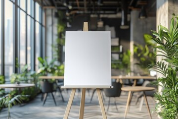 A blank white easel in a modern office space with natural light and greenery.