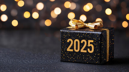 Christmas gift box black and gold glitter background, happy New Year