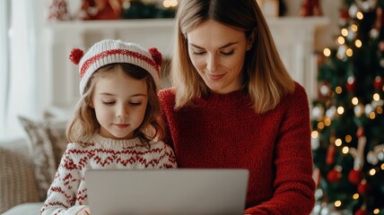 A heartwarming scene of a mother and daughter using a laptop together, surrounded by festive decor, capturing family bonding during the holiday season.