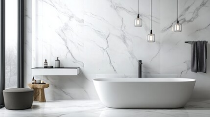 This luxurious bathroom design showcases a freestanding white tub, marble walls, and stylish pendant lights. A cozy stool and a towel hanging nearby add to the refined atmosphere of relaxation.