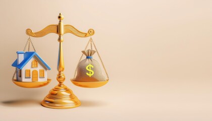 Balance of house and money on scales, representing financial decisions.