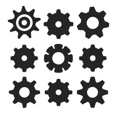 Set of  gear vector icons in silhouette style with different tooth patterns and shapes.
Minimal gear silhouette vector icons, perfect for technical illustrations and mechanical graphics.