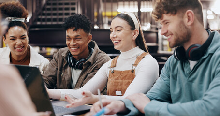 Students, happy and laptop in library for education, funny media and research assignment. People,...