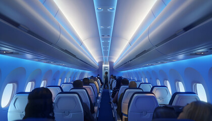 Fototapeta premium airplane cabin, with passengers sitting calmly in their seats, natural sunlight coming through the windows, the air appearing clean and fresh
