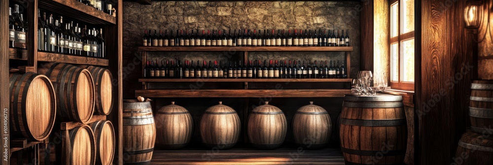 Poster explore a rustic wine cellar adorned with wooden barrels and shelves filled with exquisite wine bott