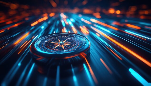 Abstract background with a compass and road lines, blue light, orange neon glow
