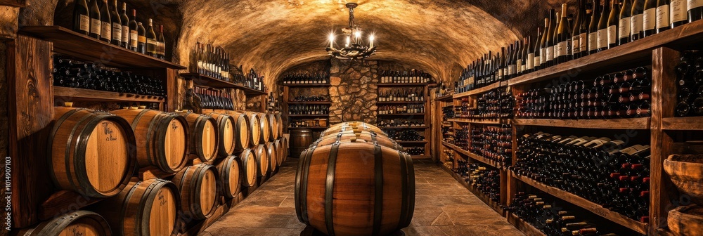Poster explore a rustic wine cellar adorned with wooden barrels and shelves filled with exquisite wine bott
