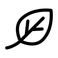 Black outline icon of a leaf with a diagonal line through it. Represents eco-friendly, nature, or environmental concepts. Editable stroke.