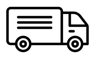 Black outline icon of a delivery truck with lines indicating movement. Represents shipping, logistics, or transportation services. Editable stroke.