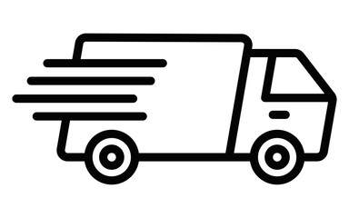 Black outline icon of a delivery truck with speed lines. Represents fast delivery, shipping, or logistics. Editable stroke.