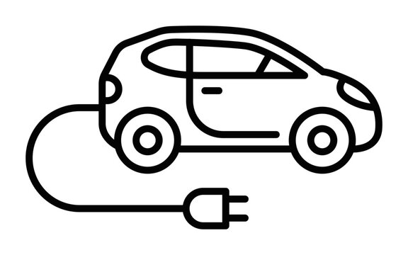 recommend clip art: Black outline icon of an electric car with a charging plug. Represents electric vehicles, eco-friendly transportation, and renewable energy. Editable stroke.