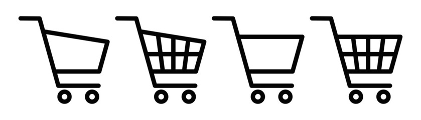 Set of four black outline shopping carts, symbolizing retail, purchasing, and consumer goods in commerce. Editable stroke.