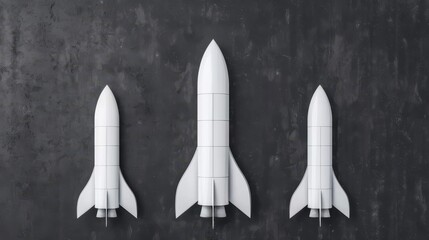 Obraz premium A display of three white rocket models of varying sizes mounted on a dark textured wall, showcasing sleek aerodynamic designs.