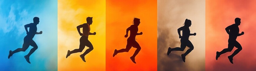 Silhouettes of five running men in various colored backgrounds.