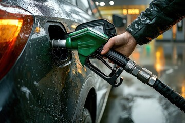  Person filling vehicle at modern gas station, bright green diesel nozzle distinct against shiny black paint of the car.