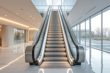  Wide-angle view of escalator in brightly lit office building, steps gliding upward with perfect precision.