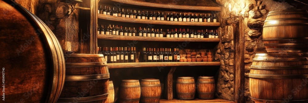 Poster explore the rustic wine cellar featuring wooden barrels and shelves brimming with diverse wine bottl