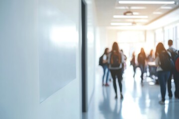 white blank wall mockup with defocus people walking in a corridor of a school, campus, or airport