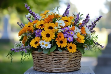 Obraz premium Simple yet beautiful All Souls’ Day flower arrangement made up of yellow and orange marigolds, lavender sprigs, and white daisies.