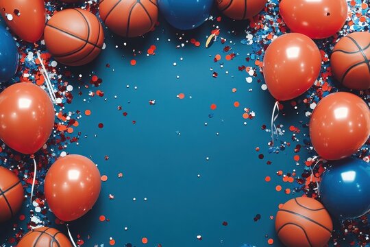 Basketball Party with Red and Blue Balloons and Confetti