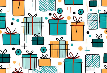 A colorful pattern featuring various gift boxes in different sizes and shapes. The boxes are illustrated in teal and orange, with ribbons and bows.