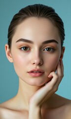 Portrait woman natural makeup contemplative expression pastel studio background