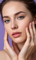 Fototapeta premium Portrait woman natural makeup contemplative expression pastel studio background