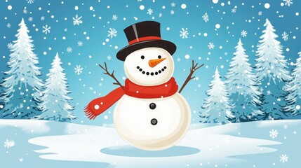 A cheerful snowman wearing a black top hat and red scarf stands in a snowy landscape with fir trees in the background.