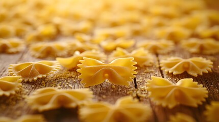 Assorted dry pasta shapes, including golden spaghetti and farfalle, are arranged on a rustic wooden table, capturing the essence of Italian cuisine with warm lighting.