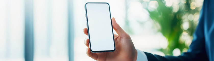 Obraz premium A hand holding a smartphone with a blank screen, set against a blurred background of greenery and bright indoor lighting.