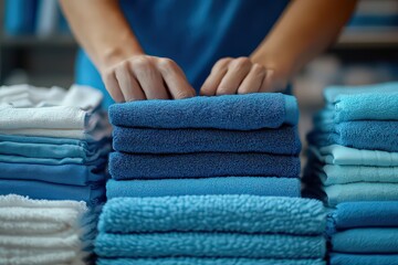 ands organizing a stack of folded blue towels, emphasizing order, cleanliness, and care in a well-maintained laundry routine.