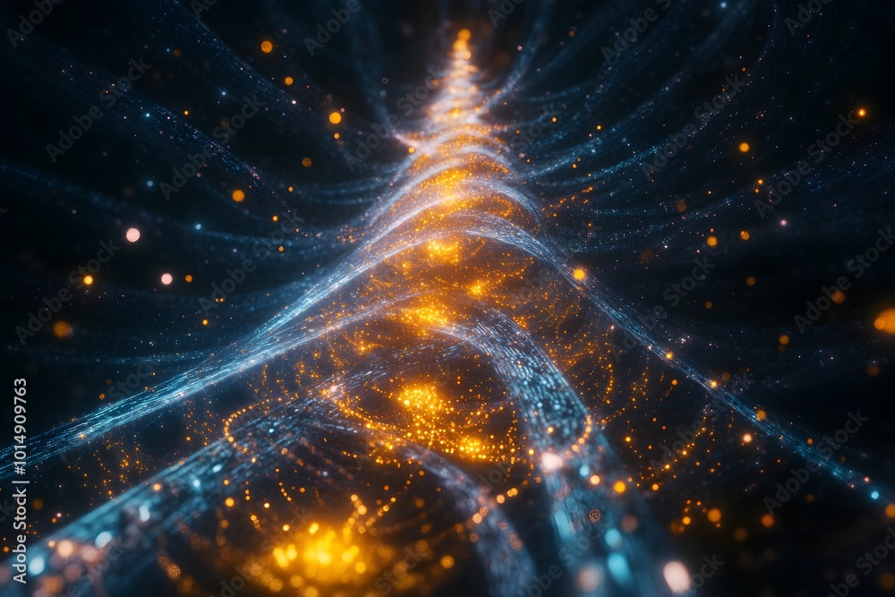 Poster abstract glowing digital spiral with light trails and particles.