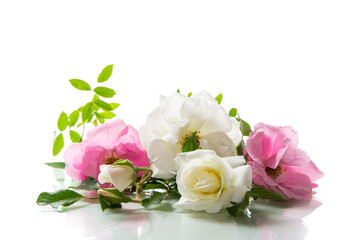 wooden light background with white and pink roses