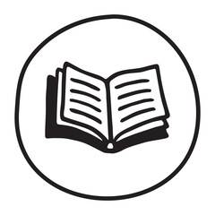 Doodle book icon handdrawn with ink pen. Knowledge and education symbol painted in grunge freehand style. PNG isolated on transparent background and vector illustration