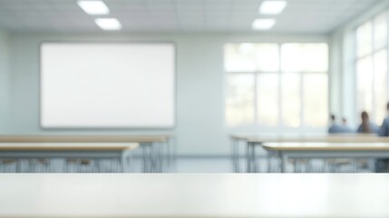 A clean, minimalistic blank wall in a modern classroom, perfect for copy space or design. To the far right, blurred students engage actively in a lesson, creating a dynamic yet unobtrusive background