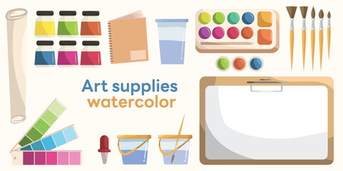 stationery of school supplies.watercolor.Big set of school supplies and education stickers. Back to school. Backpack, books, globe, pencil box, paints, pencil. Suitable for prints, paper crafts,
