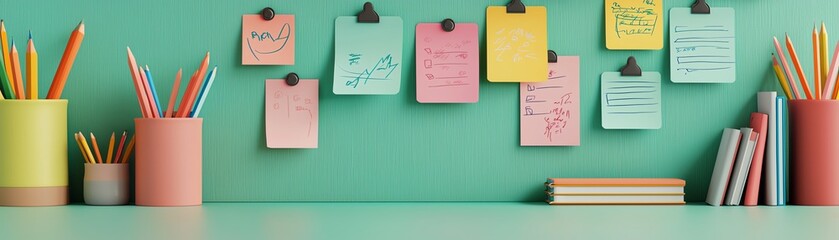 Desk with colorful stationery and sticky notes on a green background.