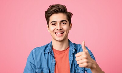 Young man, big smile, thumbs up gesture, pastel studio background