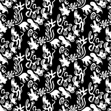 There are plants, animals and even dinosaurs. Illustrations, seamless patterns, monochrome, line art,