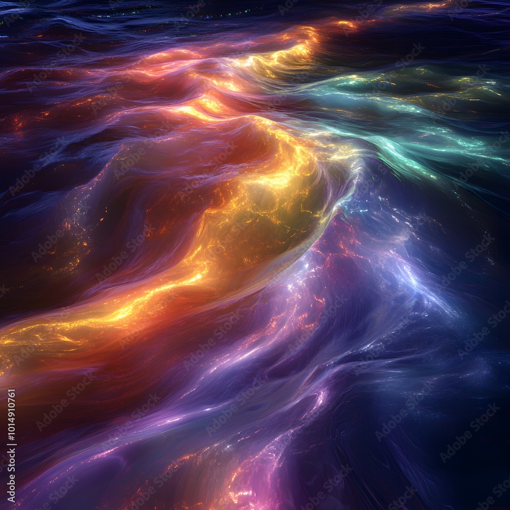 Poster colorful abstract wave patterns on a dark background.