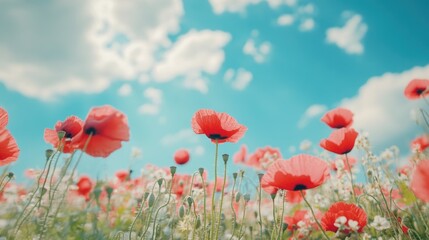 Naklejka premium Red poppy field under blue sky