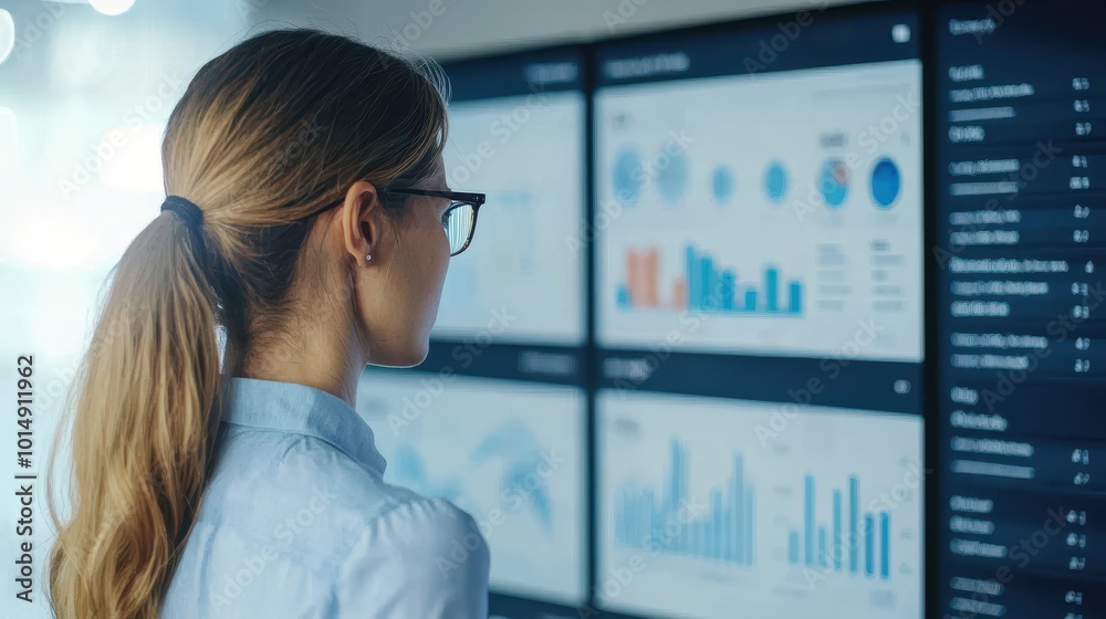 Poster a focused individual analyzes data displayed on multiple screens in a modern workspace, emphasizing 