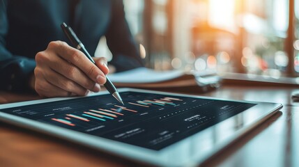 A person analyzing data on a tablet, using a pen, amidst a bright environment that suggests a focus on technology and business analysis.
