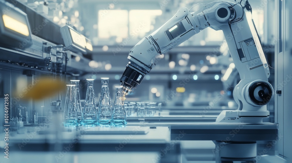 Poster A robotic arm is seen working efficiently in a well-lit lab, skillfully handling glass flasks filled with liquids